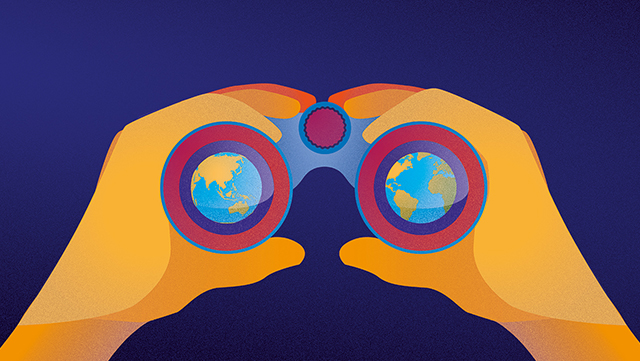 Binoculars pointed at the globe