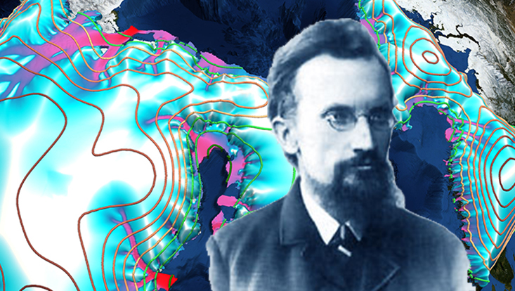 Collage: visualization of rocks; portrait of climate scientist Vladimir Köppen