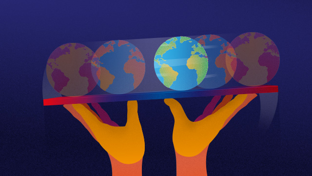 Zwei Hände halten eine Scheibe im gleichgewicht, worauf sich eine rollenede Erdkugel befindet