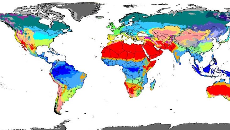 eine Weitkarte mit den farblich markierten Klimazonen nach der Köppen-Geiger Klima Klassifikation