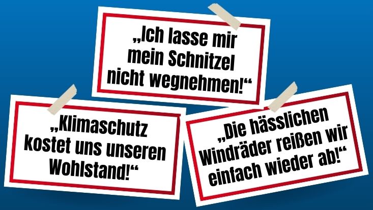 Drei Texttafeln in der Optik von Schlagzeilen-Ausrissen mit den Wahlkampfmythen  „Die hässlichen Windräder reißen wir einfach wieder ab!“,  „Klimaschutz kostet uns unseren Wohlstand!“,  „Die hässlichen Windräder reißen wir einfach wieder ab!“