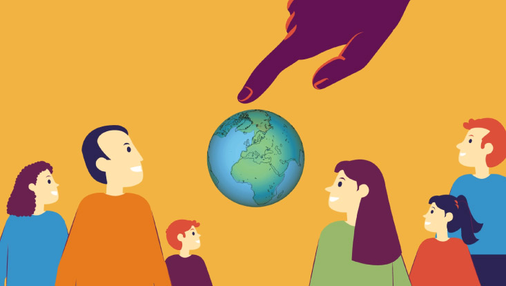 eine Gruppe gezeichneter Menschen blickt auf einen Globus. Von oben tippt ein Finger auf den Globus